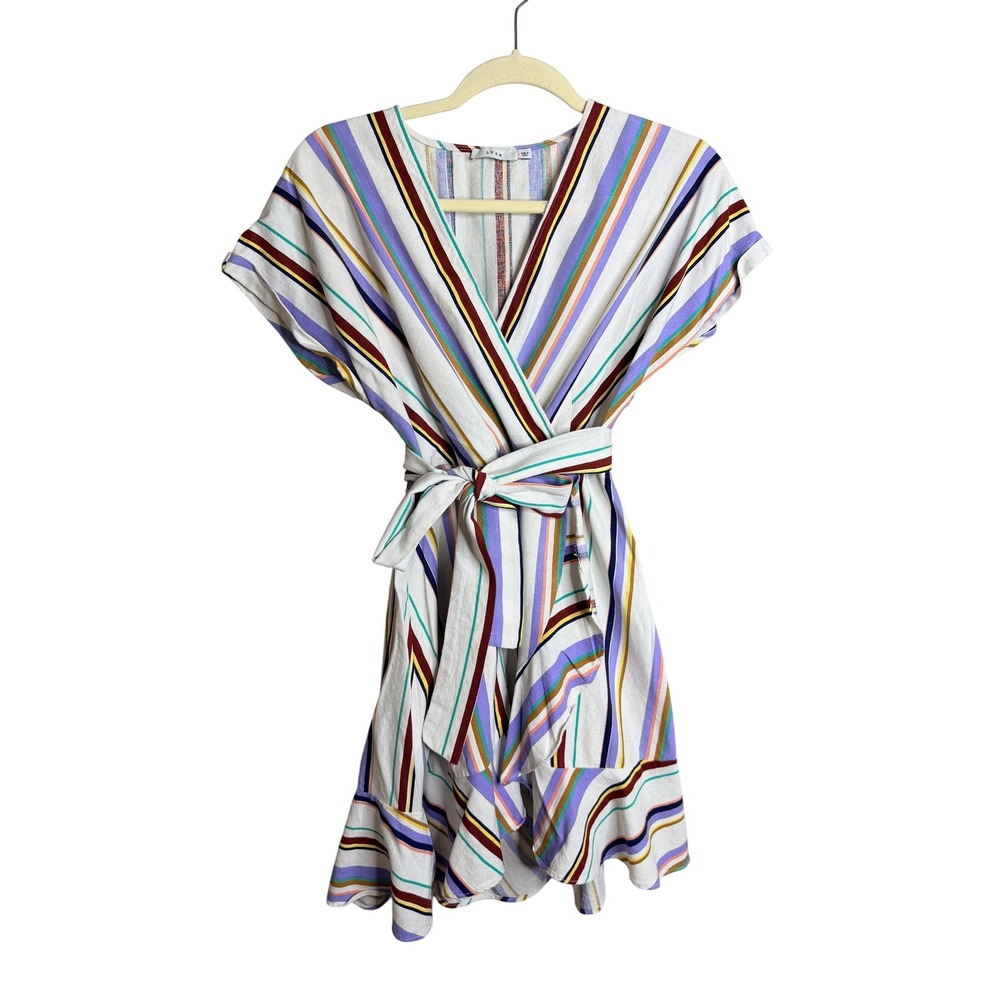 Lush Striped Wrap Dress Multi-Color Linen Blend V-Neck Tie Waist Small - Picture 2 of 7